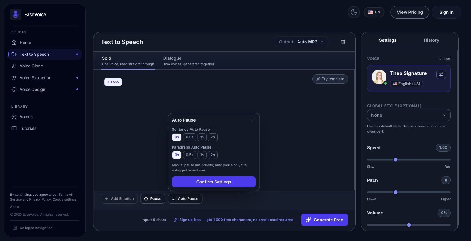 Panneau des pauses automatiques par phrase et paragraphe, avec indication de priorité des pauses manuelles ; capture de l'interface en anglais
