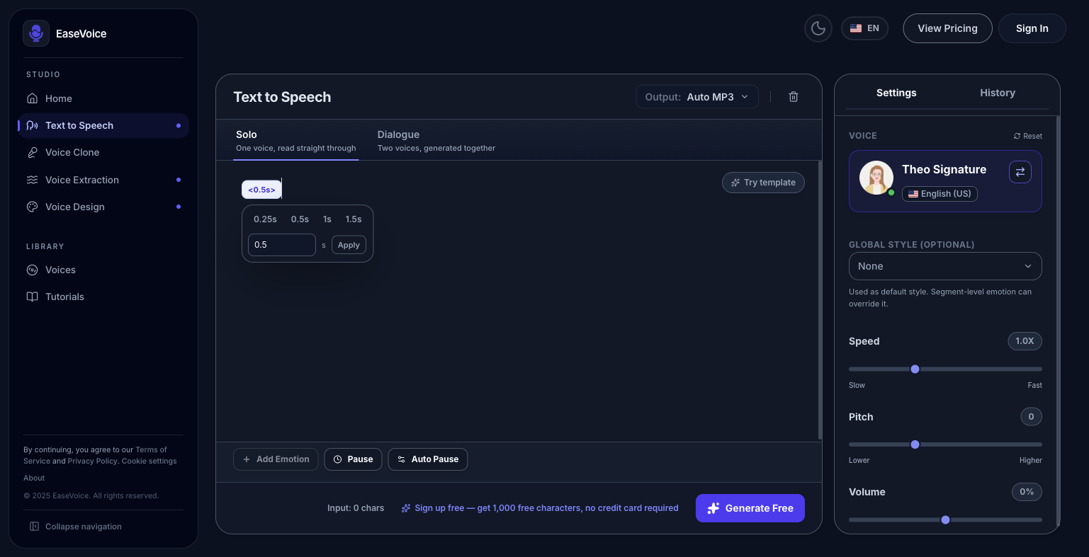 Éditeur Solo d'EaseVoice avec marque de pause, durées prédéfinies et saisie des secondes ; capture de l'interface en anglais