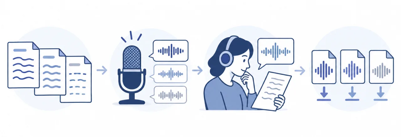 Flusso di voice-over multilingue: copioni separati, scelta della voce, ascolto di verifica e download distinti
